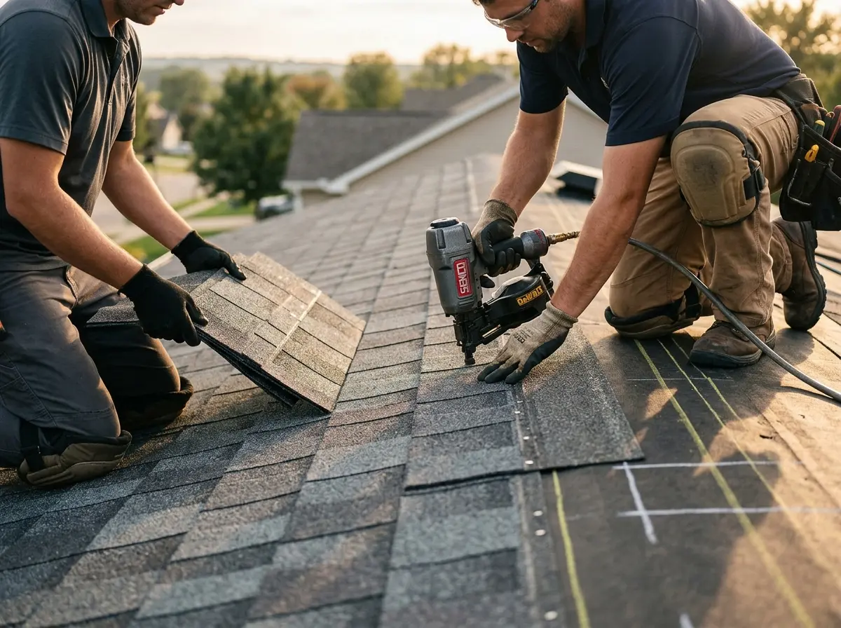 Professional roofer working on a residential roof in New Providence